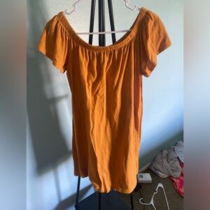 Mustard colored off the shoulder dress